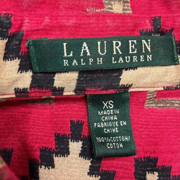 Lauren‎ Ralph Lauren Shirt Women XSmall Orange Beige Aztec Tribal Cotton Blouse - Picture 5 of 11